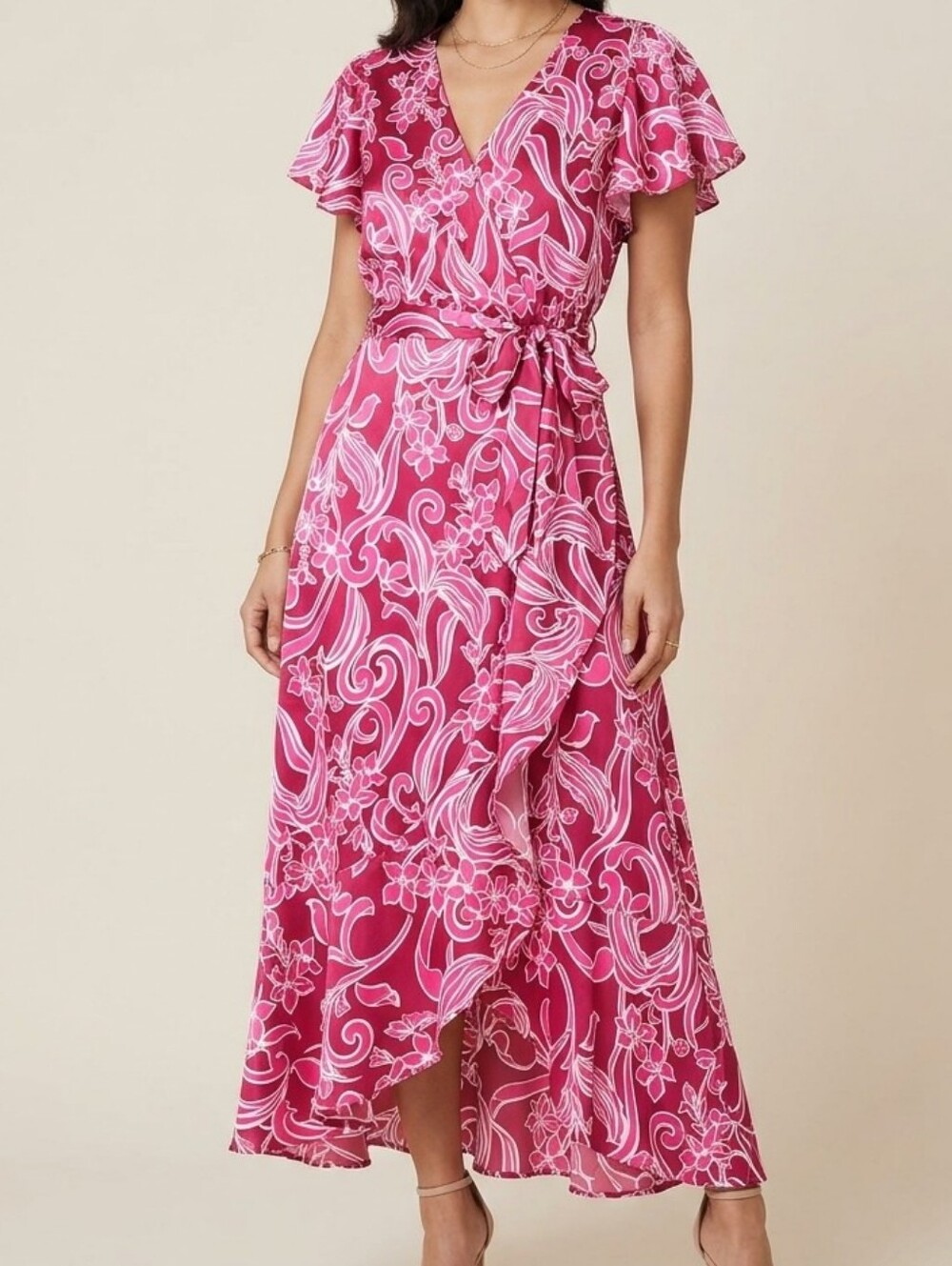 Nicole Miller Women's Satin Pink Floral Ruffle Front Wrap Midi Dress Size XL